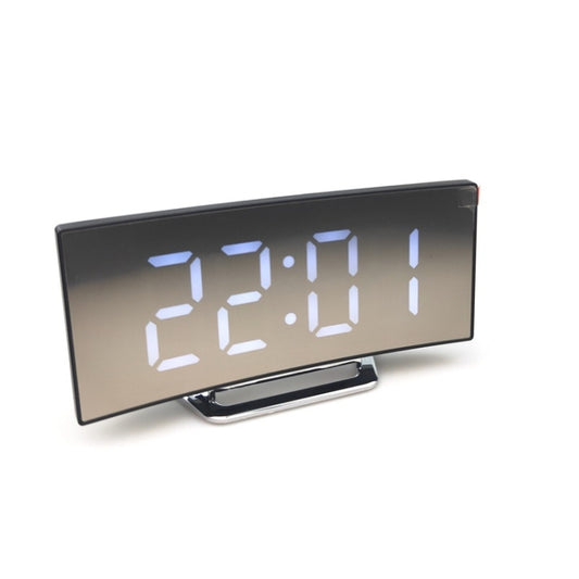 White curved LED mirror alarm clock displaying blue time 29:17