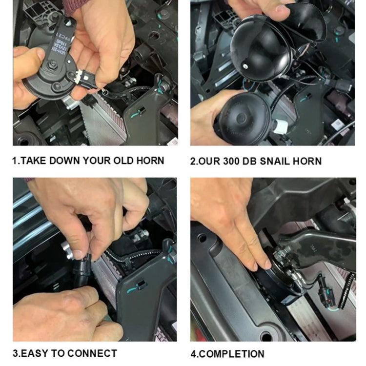 Hands installing black 12V snail horn speakers into vehicle wiring bay, easy connection