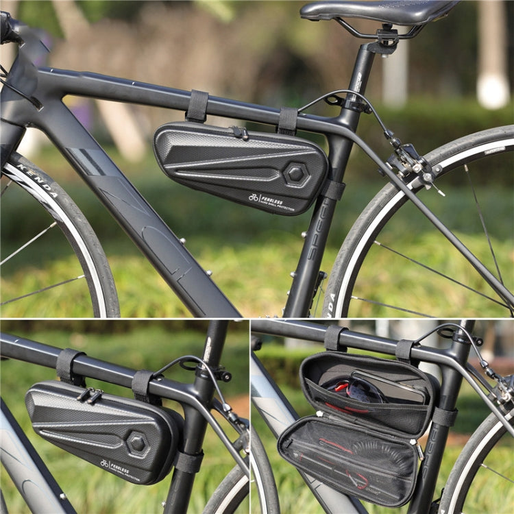 Black bicycle frame triangle bag mounted on bike front triangle area