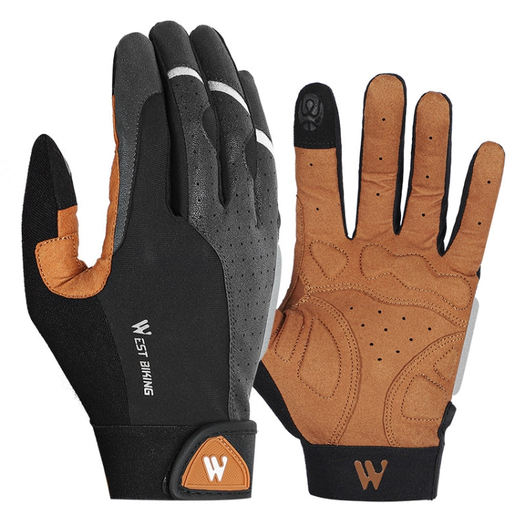 Full-finger motorcycle gloves, black with tan leather palm and orange W accents