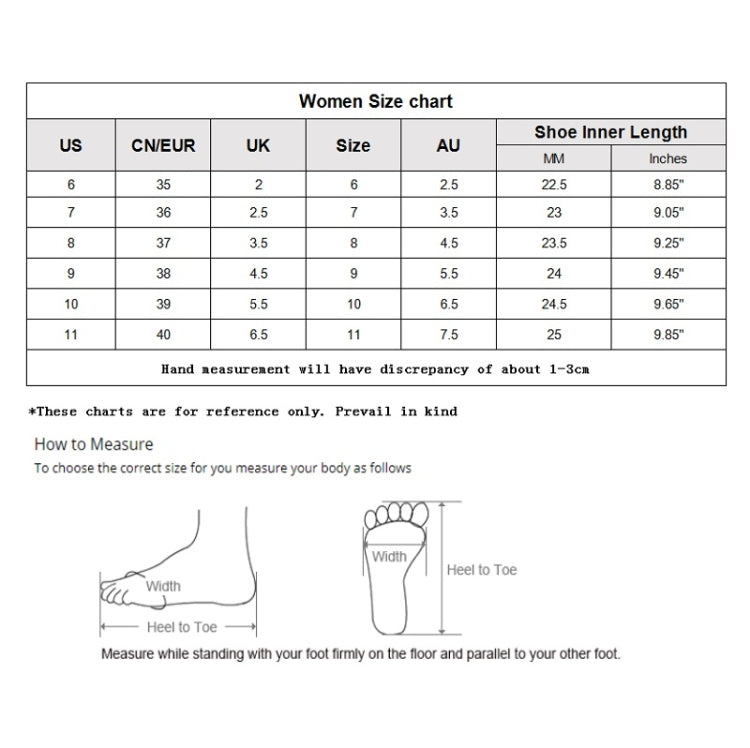 Women size chart for sandals with US, EU, UK, AU sizing and shoe inner length