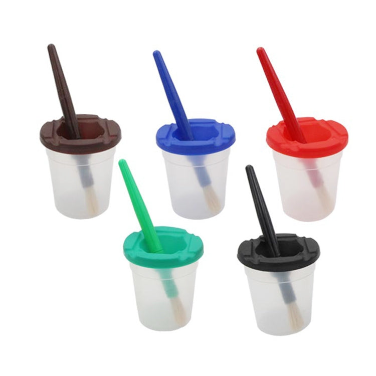 Plastic paint-cup brush set with brown, blue, red, green, and black cup lids
