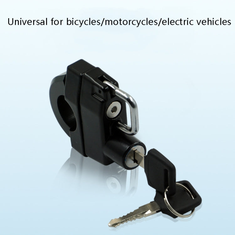 Black universal helmet lock with metal bracket and key, with spare key shown