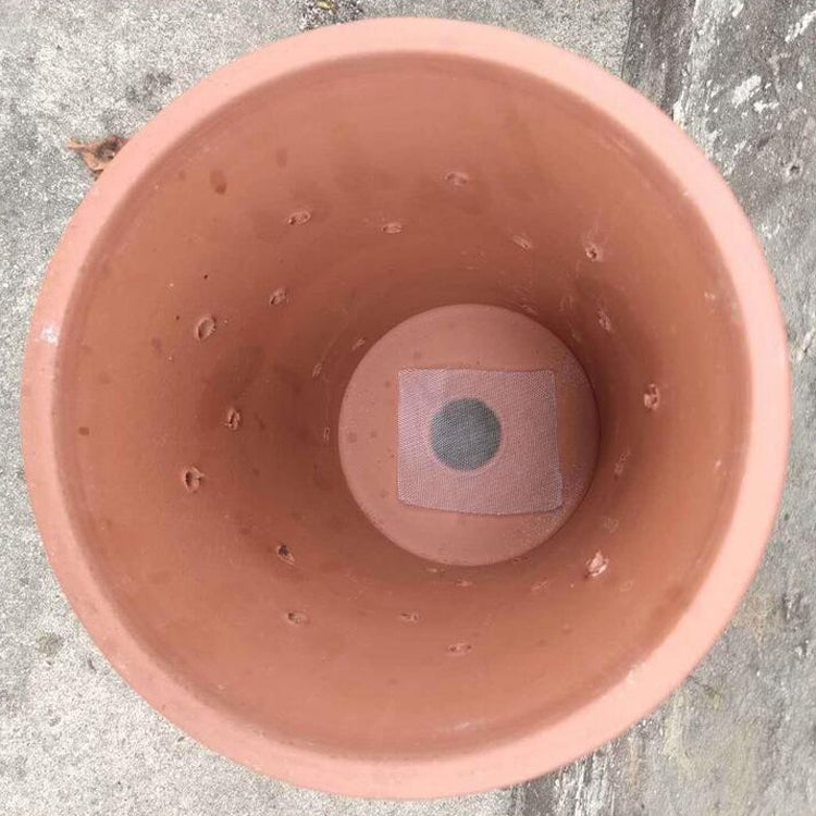 Flower pot bottom mesh gasket disk centered in a terracotta pot