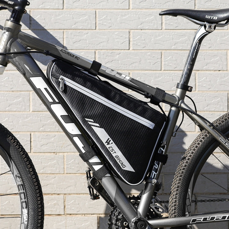 Black front triangle bike bag mounted on mountain bike frame with reflective stripes