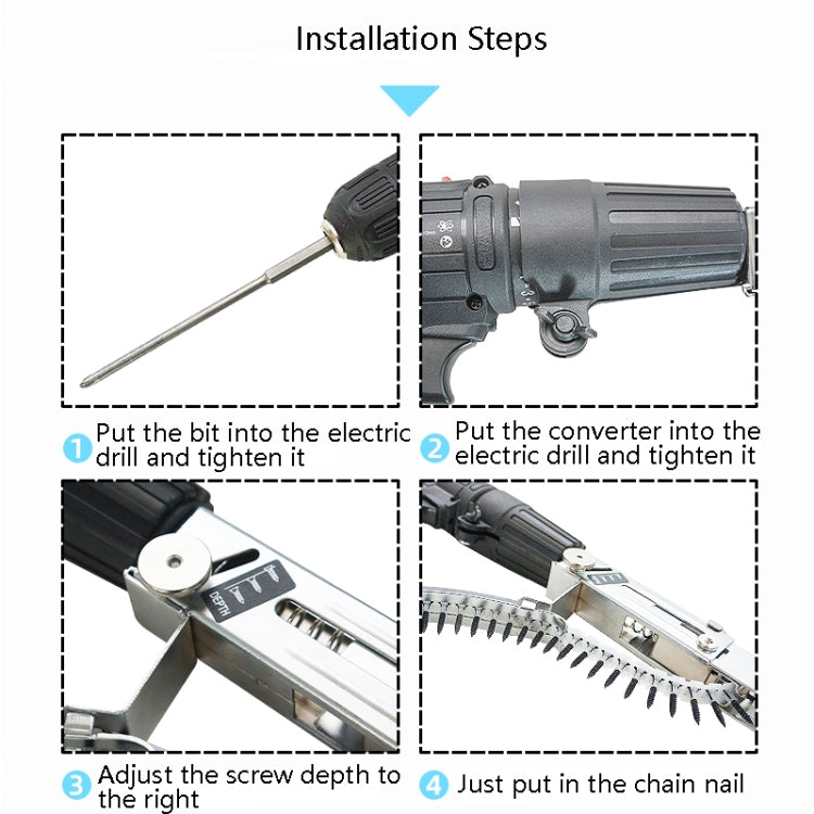 Electric screwdriver converter with chain nail feeder and depth adjustment for installation