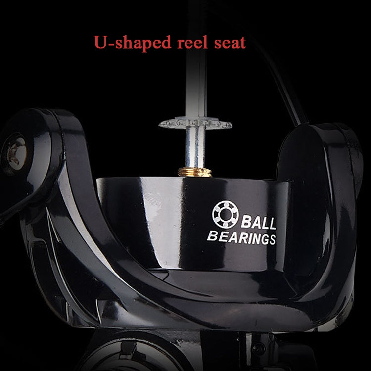 Fishing reel with U-shaped reel seat and ball bearings on glossy black housing.