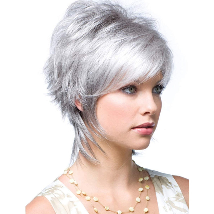 Short Hair Female Wigs Fluffy Fiber Set, Silver White