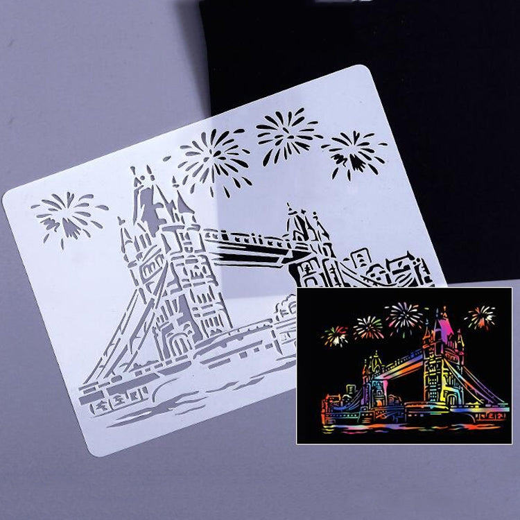 White city painting stencil sheet with line-art skyline, fireworks, and tower buildings, rounded corners