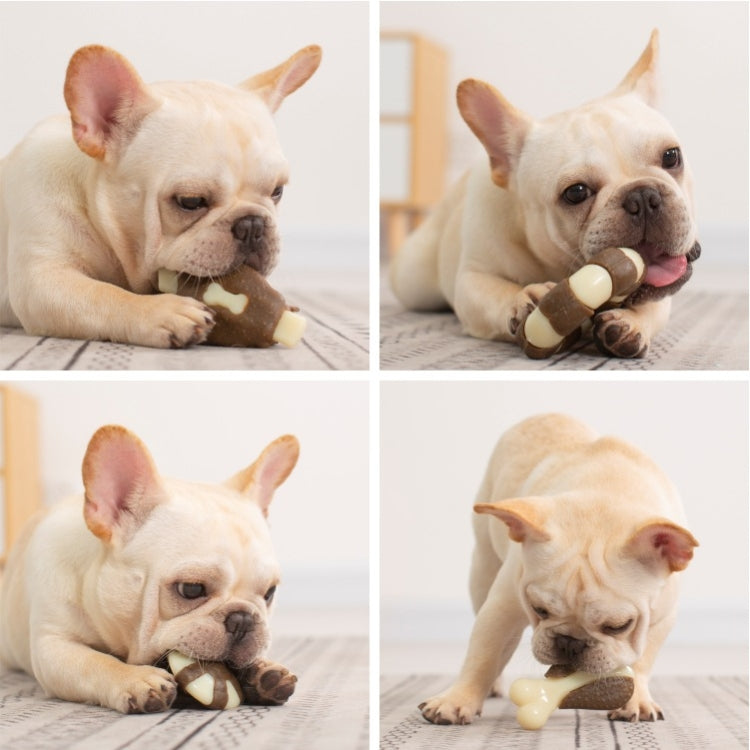 Dog playing with steak-shaped chew toy, brown textured piece with cream ends