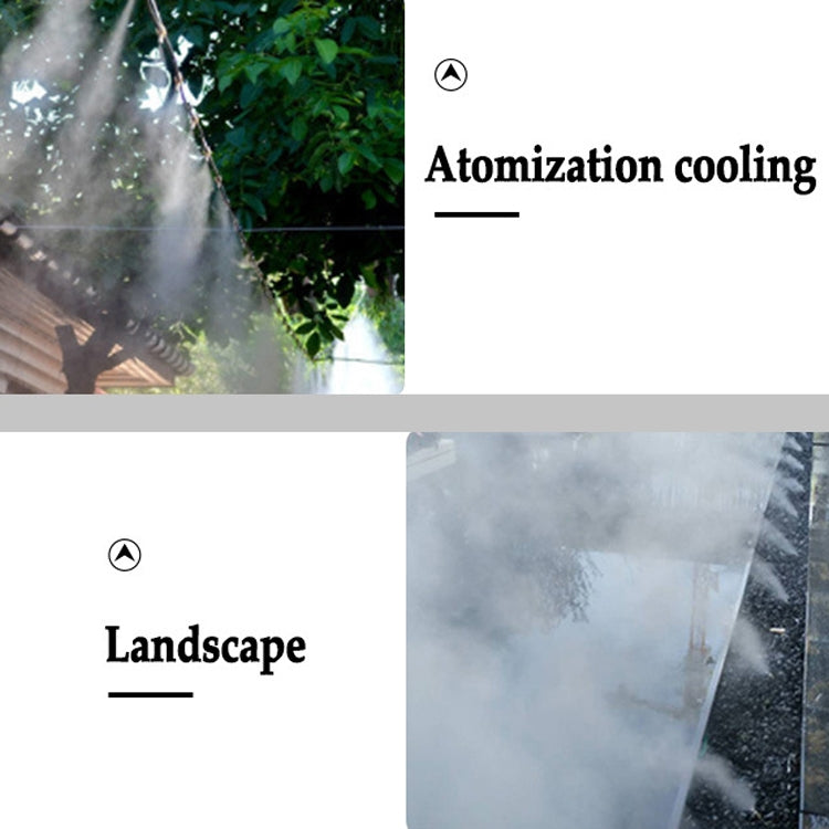 Atomizing cooling sprinkler irrigation infographic with mist spray scenes