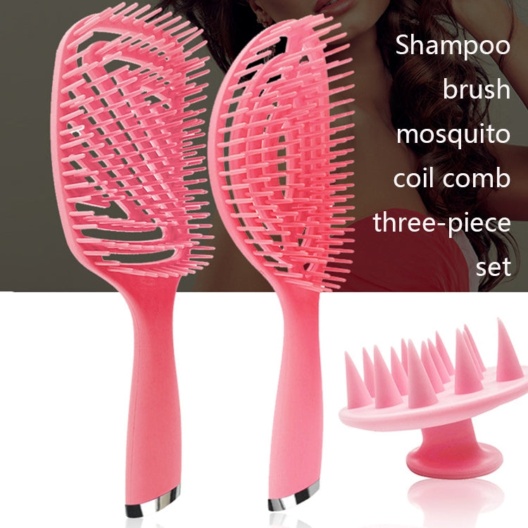 Pink 3-in-1 curly hair comb set with detangling brushes and scalp massage comb