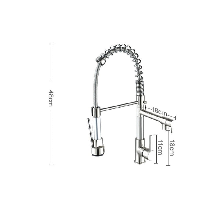 Brushed silver kitchen faucet dimensions with spring hose and dual outlet layout