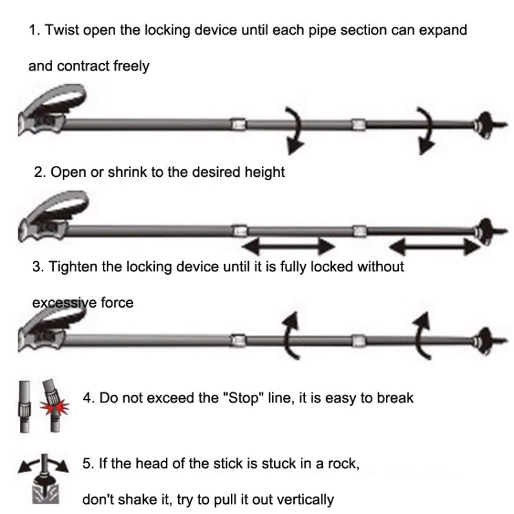 Telescoping trekking pole diagram showing twist-lock sections and locking device