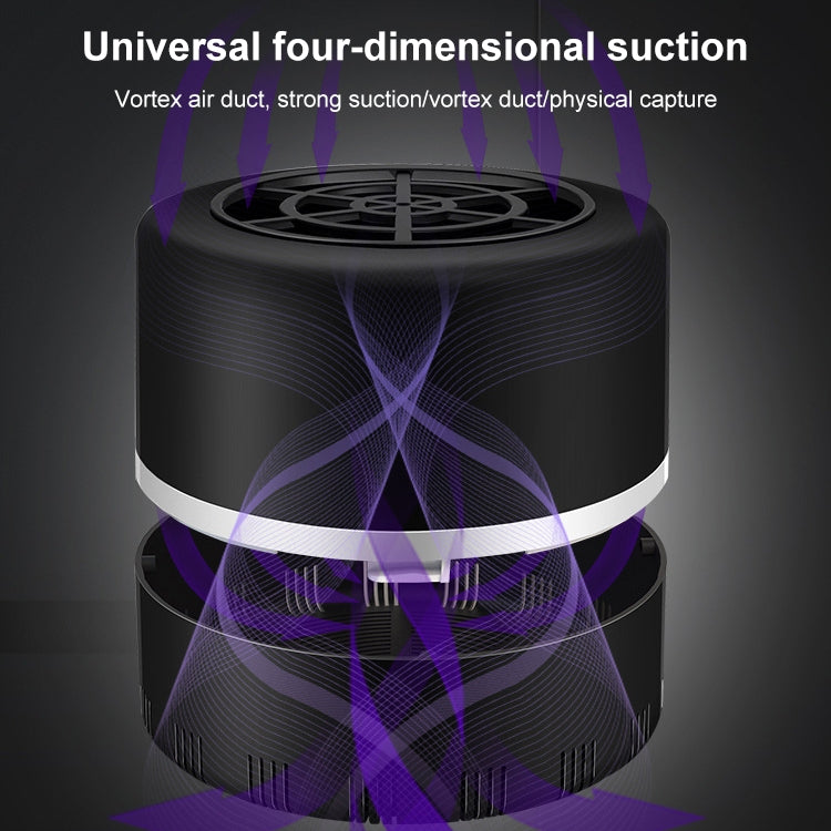 Black mosquito trap lamp with internal fan section and purple suction airflow effect
