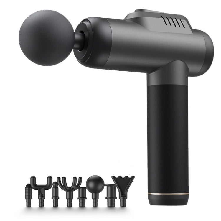 Black fascia gun massager with round head and multiple attachment tips
