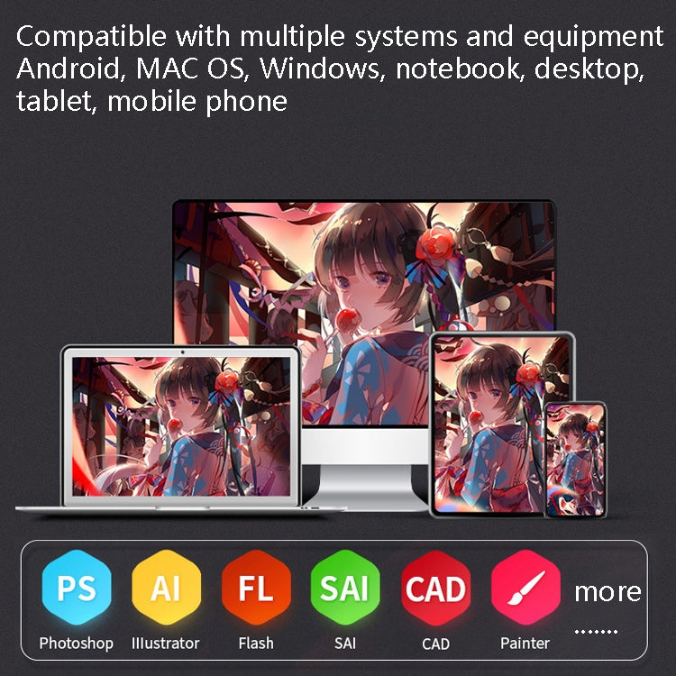 Drawing tablet with multiple device screens showing artwork compatibility
