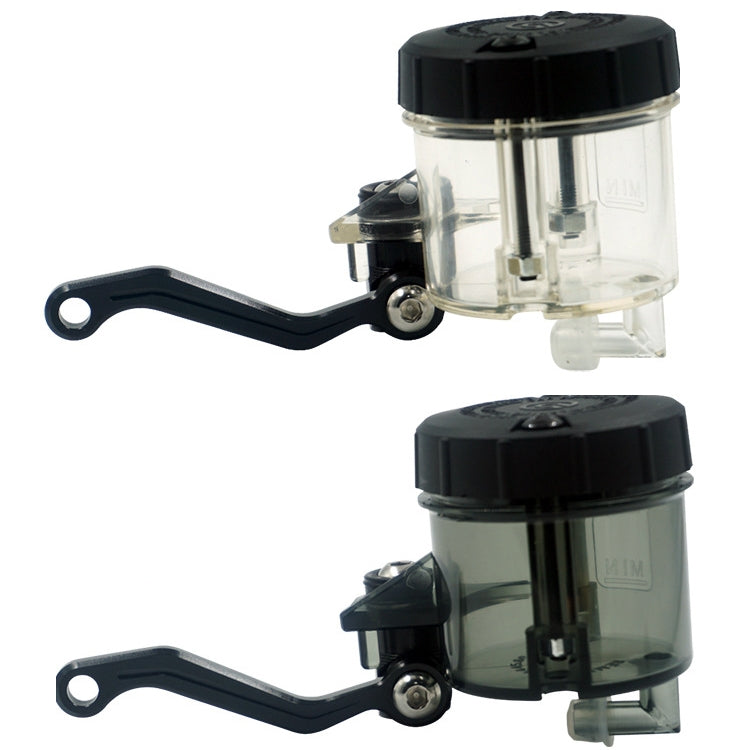 Two motorcycle front brake oil reservoirs with black caps: one clear, one tinted, with levers