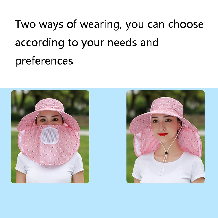 Pink cherry-print face-covering sun hat with mask panel, shown from two angles