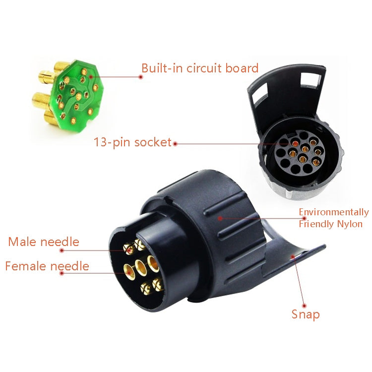 13-pin trailer connector plug with male and female needle pins and built-in circuit board