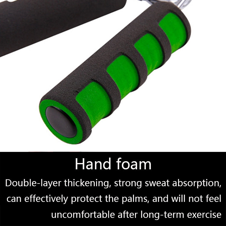 Close-up of foam finger exercise grippers: black grip with green segmented pads and steel spring end