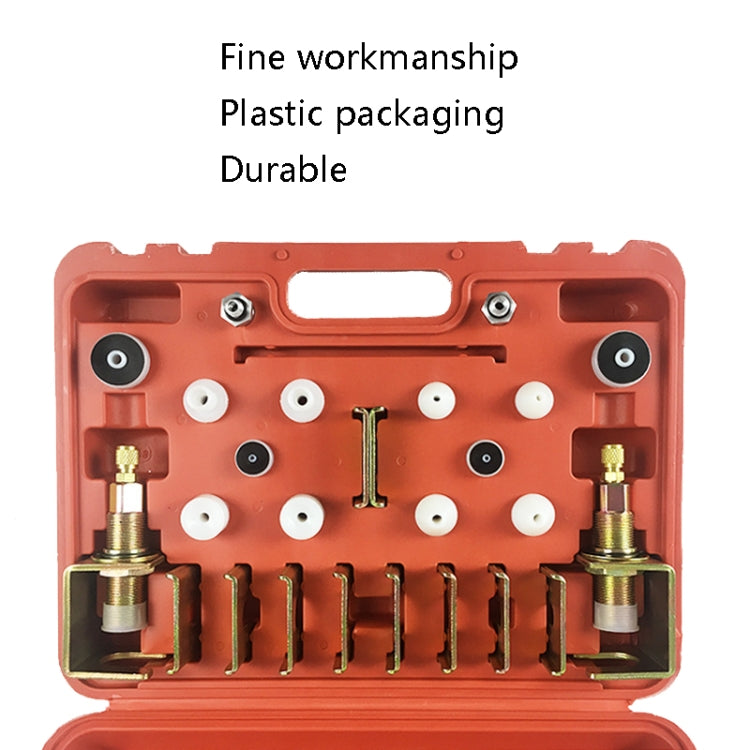 Air conditioning leak detection tool kit in orange case with brass adapters and white seals