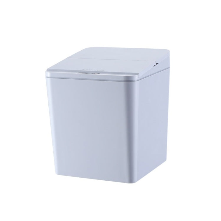 Light gray electric smart induction trash can with hinged lid and front control markings
