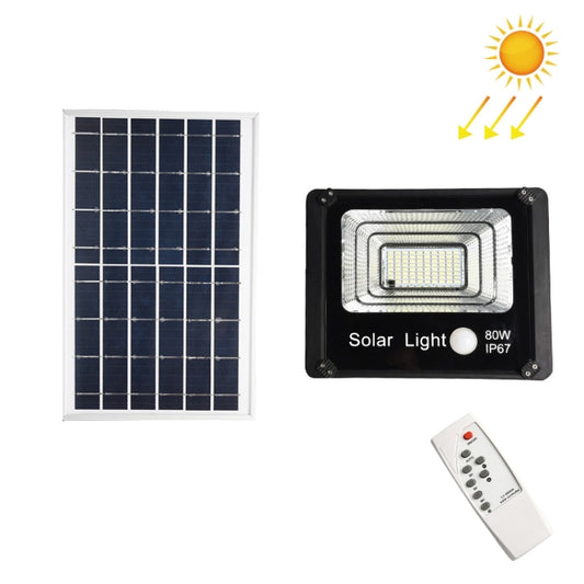 Solar LED flood light with solar panel and remote, black housing, 80W