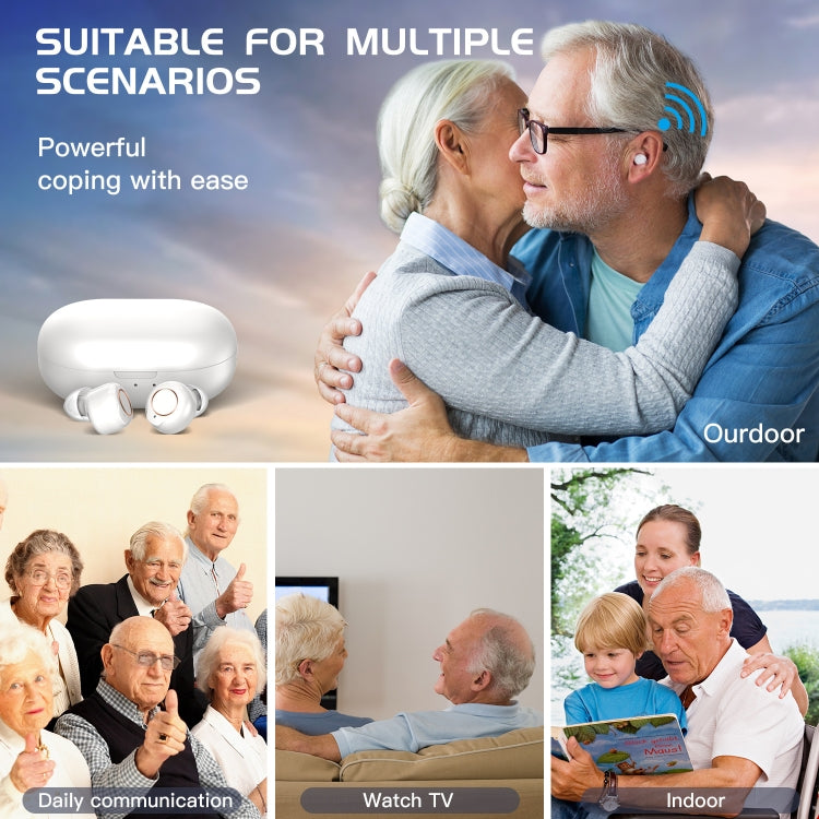Wireless earbud hearing aids with charging case worn by older adults