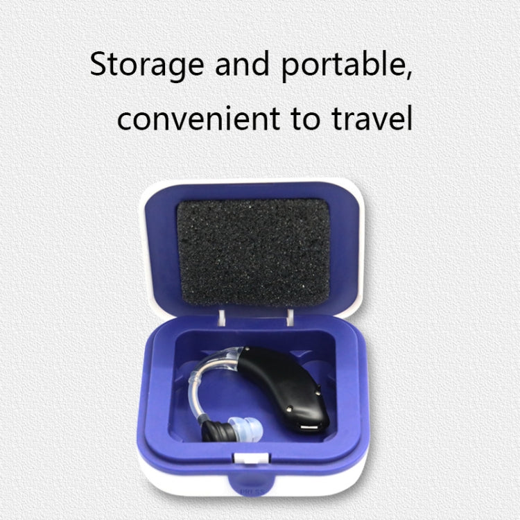 Black hearing aid amplifier in a blue portable storage case