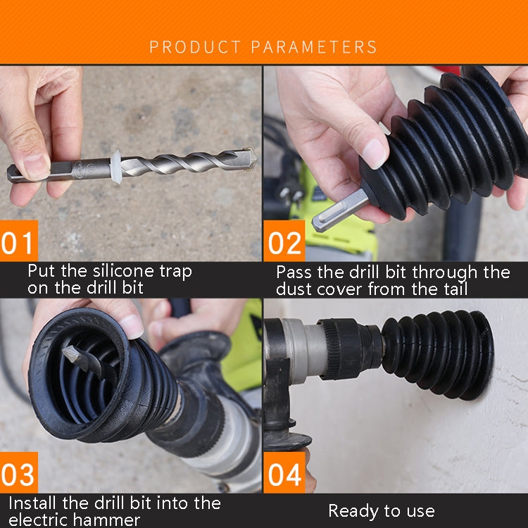 Black dust cover on drill bit for dust collection with ribbed bellows