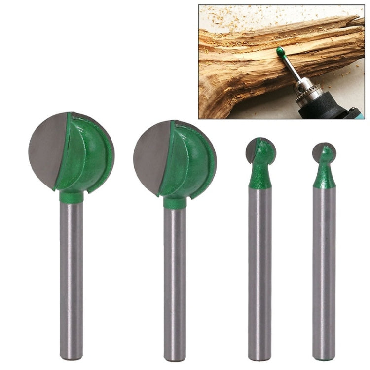 Set of 4 wood carving grinding bits, green spherical heads with straight silver handles