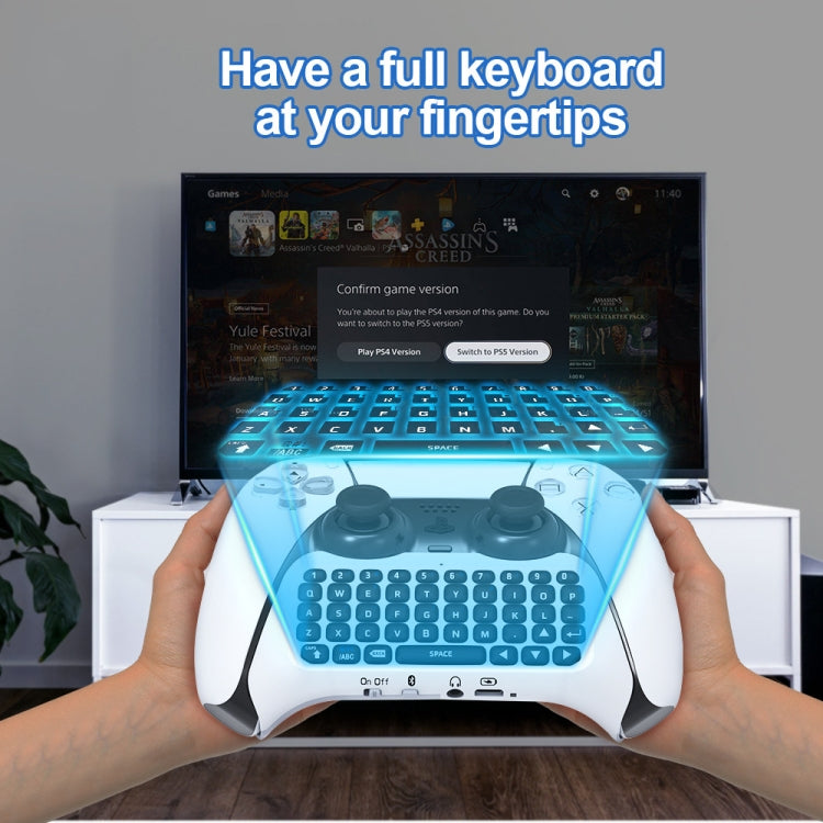 White handle keyboard controller held in hands with compact built-in keyboard keys