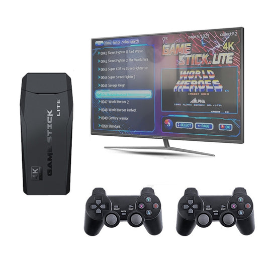 Black mini HDMI arcade game console with two wireless gamepads and TV game screen