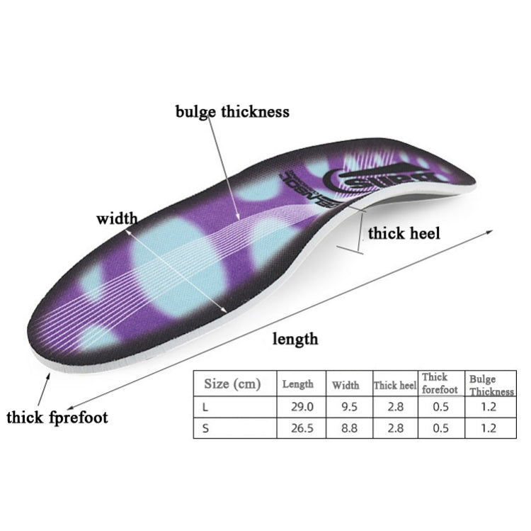 Purple and blue patterned insole shown with thickness and width diagram