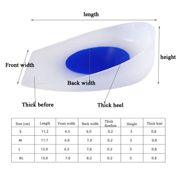 Silicone heel insole size chart diagram with length, width, and thickness measurements