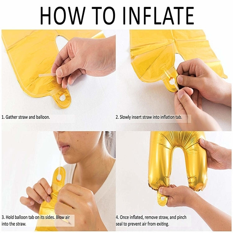 Inflating gold foil number balloon with straw tab and sealed inflation tip