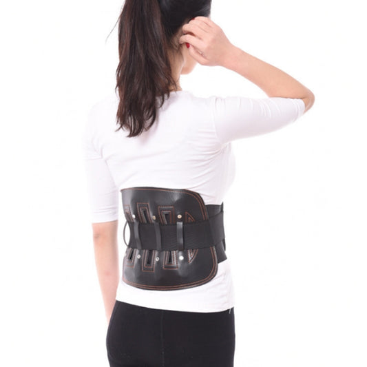 Lumbar support waist belt in dark leather with front straps, worn on lower back