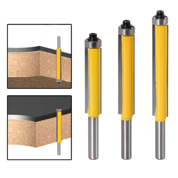Set of extended trimming cutter bits with bearing, 3 pieces, for wood trimming