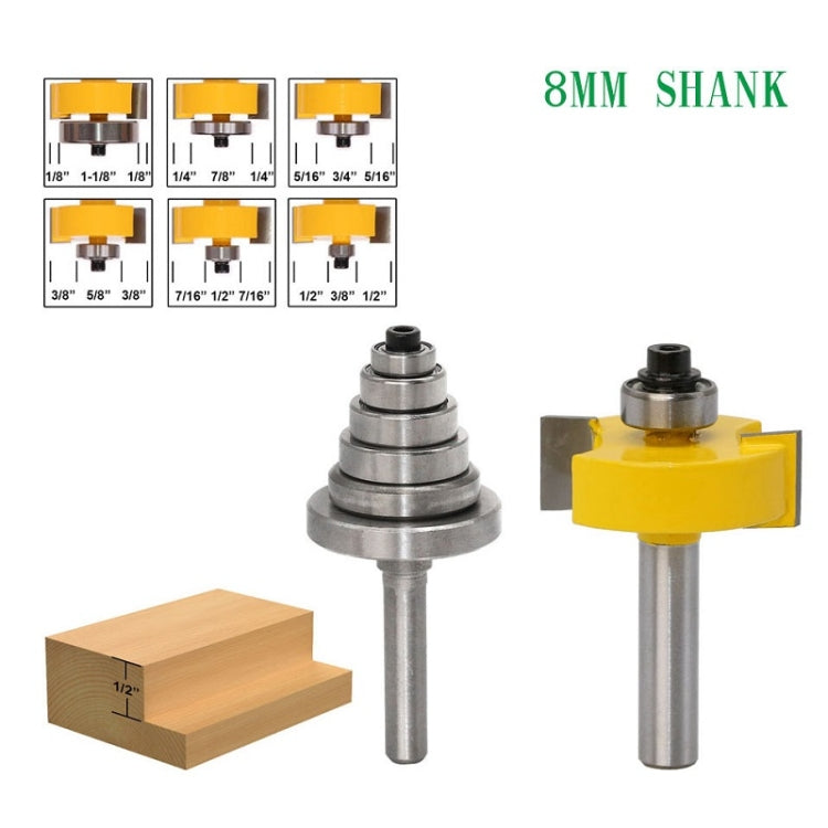 7-piece slot cutter set with yellow guide bits, silver shanks, and wood sample