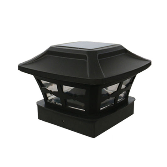 Black solar column garden lamp with faceted lantern top and side light openings