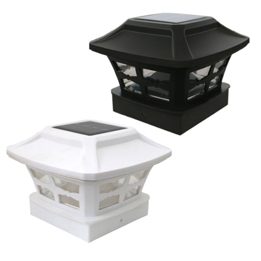 Black and white solar column garden lamp pair, showing lantern top and side openings