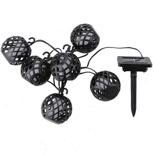 Black solar string lights set with latticed flame ball bulbs and solar panel