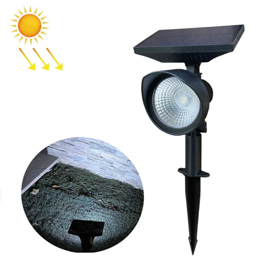 Solar flood light with black spike and solar panel, white LED glow