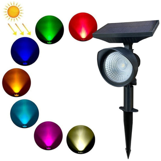 Solar flood light with black spike and solar panel, multi-color LED light modes