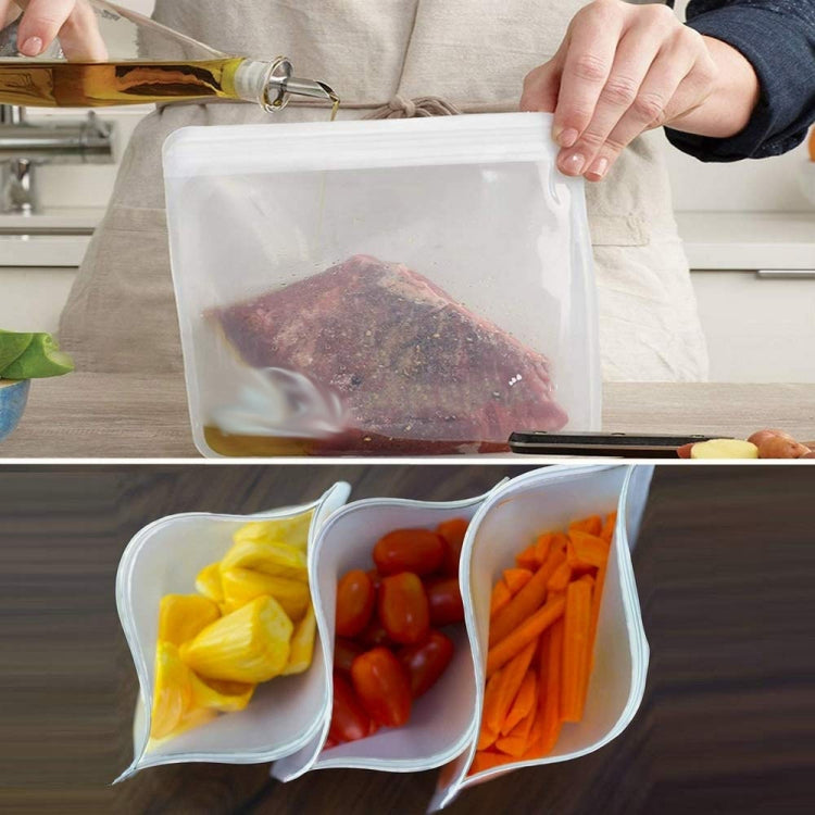 Translucent frosted PEVA self-sealing food storage bags with open tops and vegetables inside