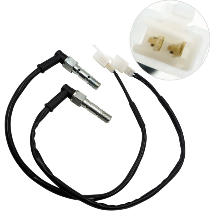 Hydraulic brake switch set with two sensors, black cables, and white electrical connectors