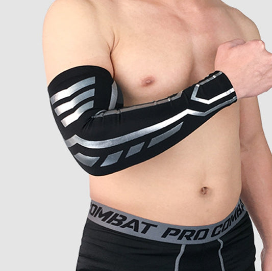 Black protective arm sleeve with molded wrist pad and geometric stripe graphics