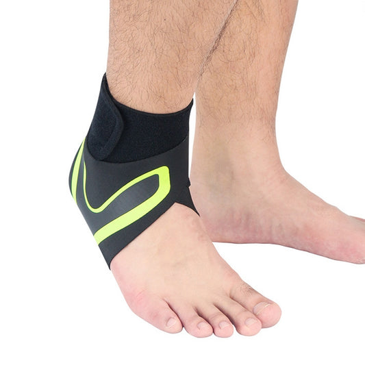 Neon green striped ankle compression guard on black fabric, with support pad