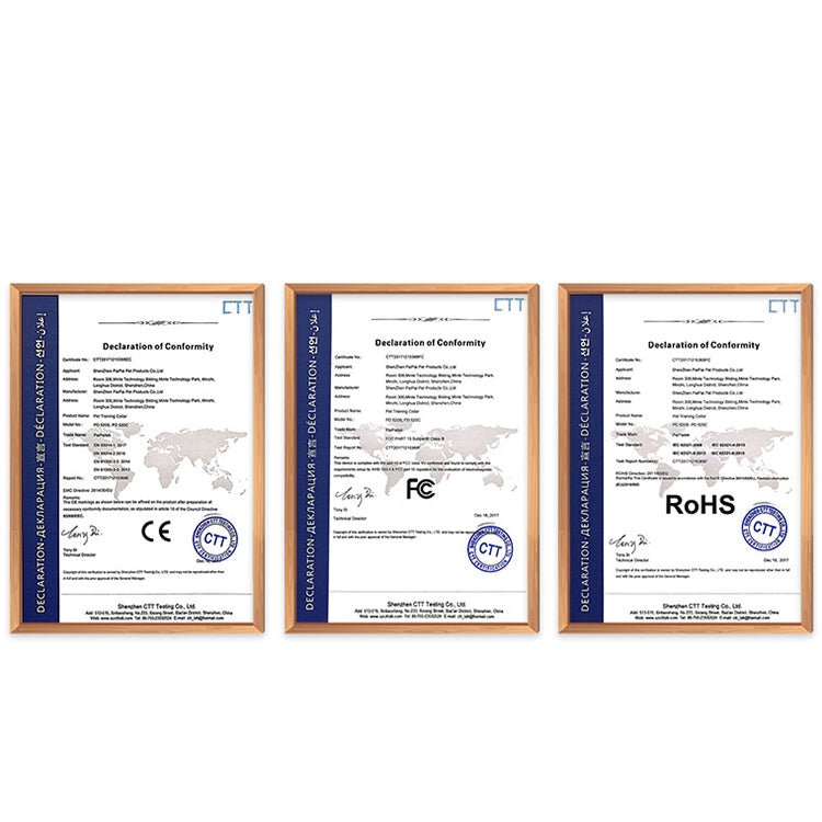 Three framed declarations of conformity certificates for electronic pet training device